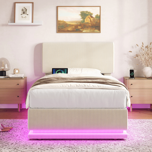 Cama estofada 90x200 - LED, USB-C, cabeceira ajustável, arrumação inferior, colchão confortável - Bege