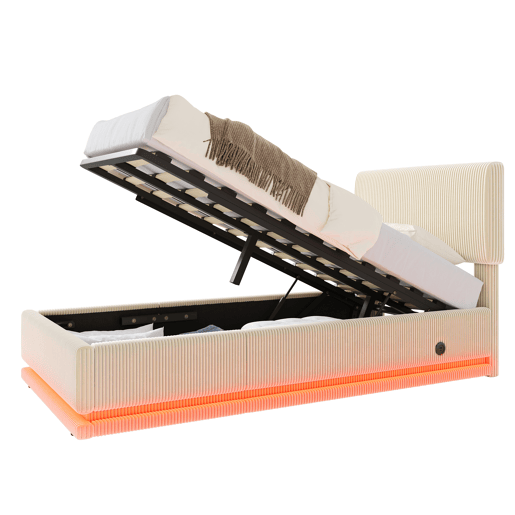 Cama estofada 90x200 - LED, USB-C, cabeceira ajustável, arrumação inferior, colchão confortável - Bege
