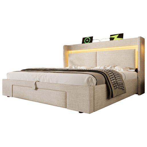 Cama estofada 160x200 - armazenamento hidráulico, cabeceira com compartimento, LED, USBUSB-C - Bege
