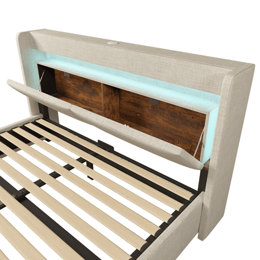 Cama estofada 160x200 - armazenamento hidráulico, cabeceira com compartimento, LED, USBUSB-C - Bege