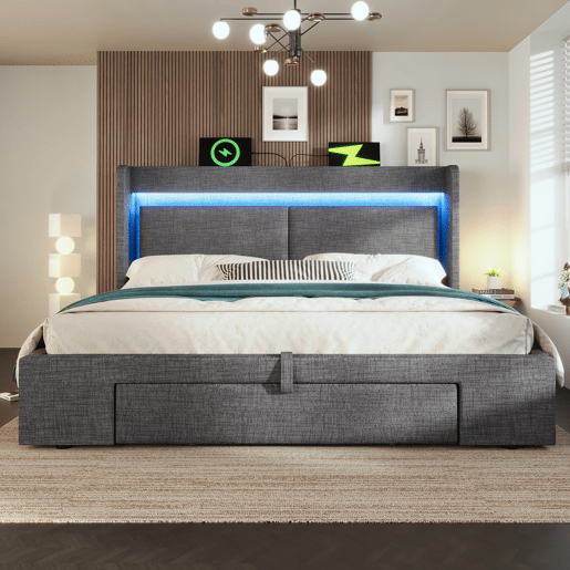 Cama estofada 180x200 - arrumação hidráulica, cabeceira com LED e USB - Cinza