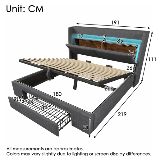Cama estofada 180x200 - arrumação hidráulica, cabeceira com LED e USB - Cinza