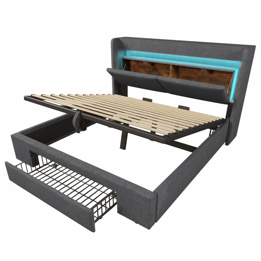 Cama estofada 180x200 - arrumação hidráulica, cabeceira com LED e USB - Cinza
