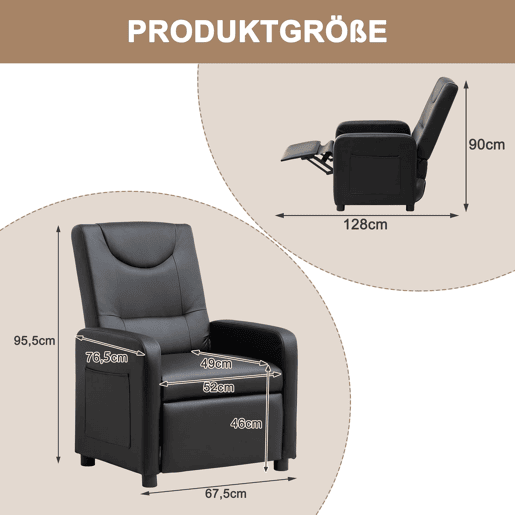 Poltrona reclinável - Relax, lounge com apoio para os pés, PU - Preto