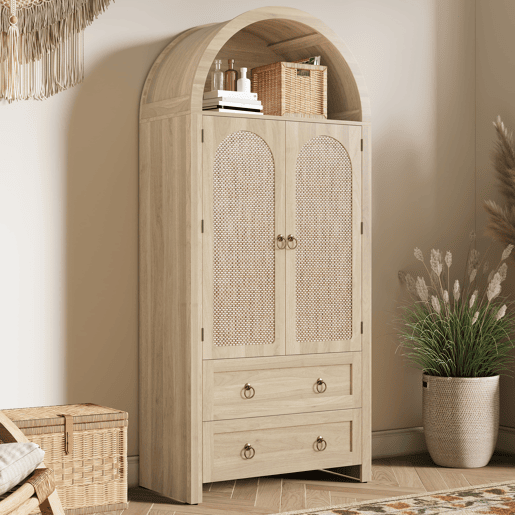 Aparador - rattan arqueado, gaveta dupla, estilo vintage, armazenamento - Carvalho