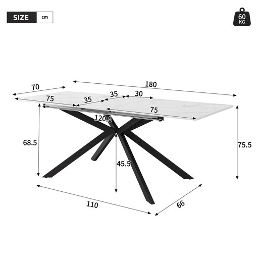Mesa de jantar extensível retangular 150-180máx. cm de mdf,branco