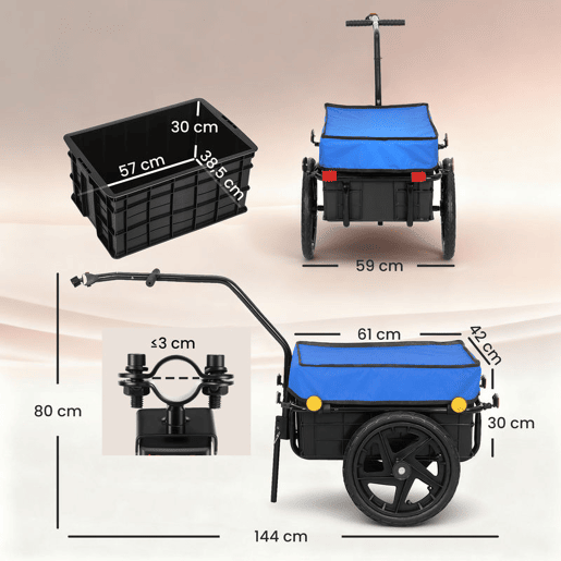 HOMCOM Reboque de Bicicleta para Carga 40 kg Carrinho de Mão com Cobertura de Tecido Oxford Impermeável Refletores Estrutura de Aço e Alças para Transporte de Bagagens 144x59x80 cm Azul