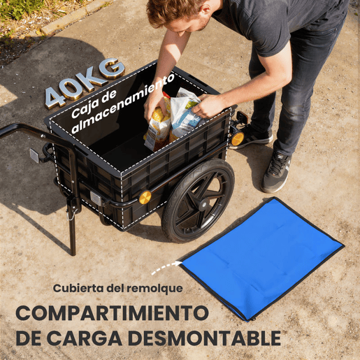 HOMCOM Reboque de Bicicleta para Carga 40 kg Carrinho de Mão com Cobertura de Tecido Oxford Impermeável Refletores Estrutura de Aço e Alças para Transporte de Bagagens 144x59x80 cm Azul