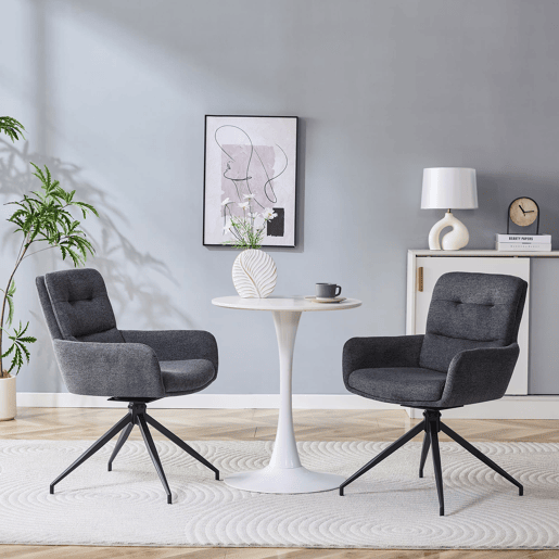 Cadeira giratória europeia 2 unidades - design luxuoso, linho cinza escuro, pernas metálicas pretas