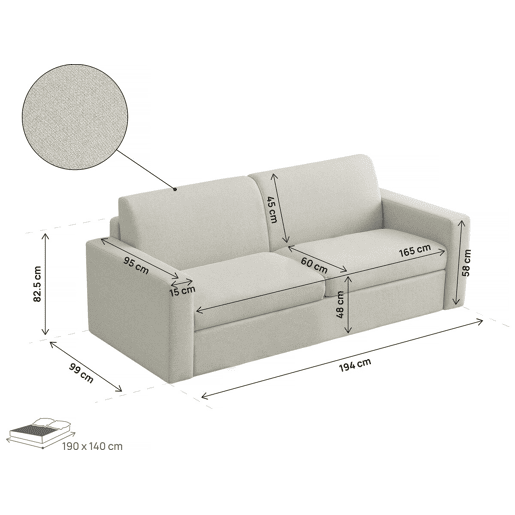Sofá convertível Diana Express em tecido - Zona para dormir de 140 cm - 3 lugares - Bege