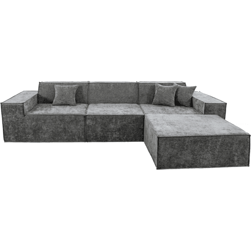 Sofá modular reto com pufe em tecido texturado Lusso - 4 lugares - Cinza