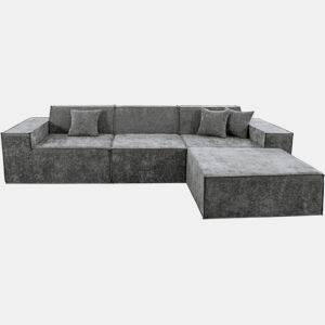 Sofá modular reto com pufe em tecido texturado Lusso - 4 lugares - Cinza
