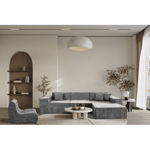 Sofá modular reto com pufe em tecido texturado Lusso - 4 lugares - Cinza