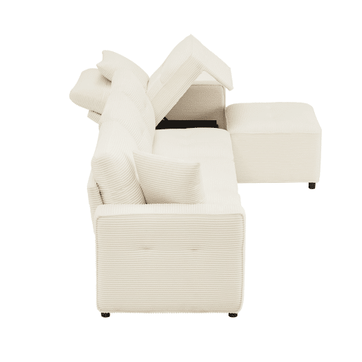 Sofá reto de 4 lugares 280x146 cm - veludo cotelê com arrumação e pufe - bege