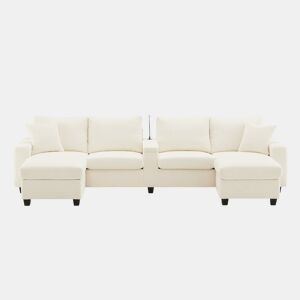Sofá em U 334x128,5x81 cm - 4 lugares, USBType-C, LED, 2 pufes - Bege