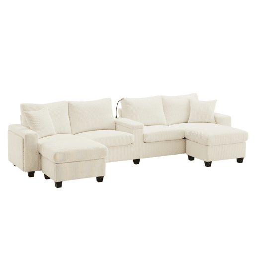 Sofá em U 334x128,5x81 cm - 4 lugares, USBType-C, LED, 2 pufes - Bege