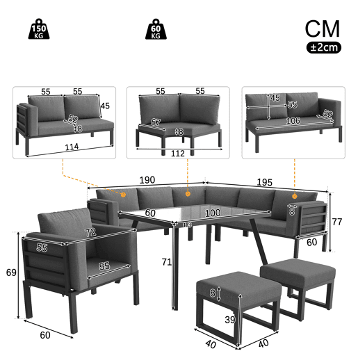 Conjunto de jardim com 3 sofás,poltrona e mesa,cinza Conjunto de jardim com 3 sofás,poltrona e mesa,cinza