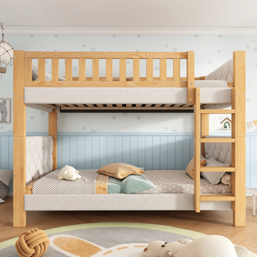 Cama alta infantil 90x200 - Escada reta de 4 degraus, bordas acolchoadas, madeira resistente - Cinza+Natural