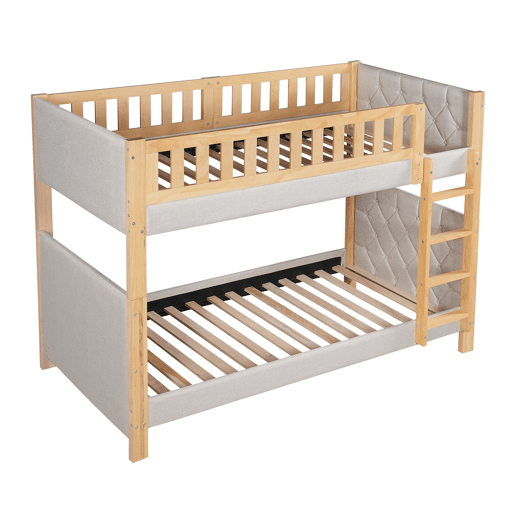 Cama alta infantil 90x200 - Escada reta de 4 degraus, bordas acolchoadas, madeira resistente - Cinza+Natural