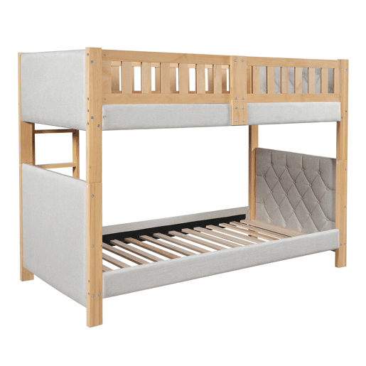 Cama alta infantil 90x200 - Escada reta de 4 degraus, bordas acolchoadas, madeira resistente - Cinza+Natural