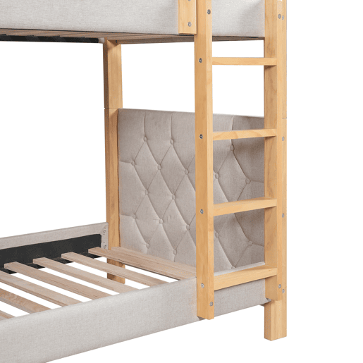 Cama alta infantil 90x200 - Escada reta de 4 degraus, bordas acolchoadas, madeira resistente - Cinza+Natural