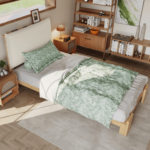 Cama individual 90x200 cm - cabeceira acolchoada, estrado estável, pés largos - natural