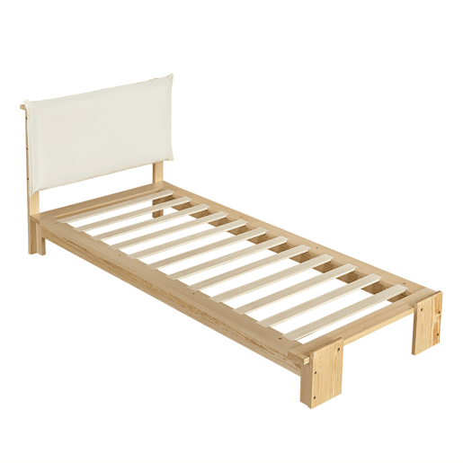 Cama individual 90x200 cm - cabeceira acolchoada, estrado estável, pés largos - natural