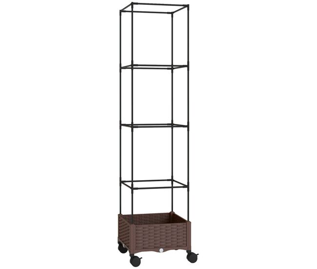 Outsunny jardinera con enrejado ajustable, jardinera exterior con ruedas bloqueables para plantas trepadoras con ofricios de drenaje, macetero elevado