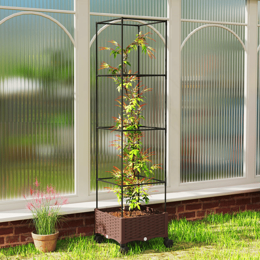 Outsunny Floreira com Treliça Ajustável Floreira Exterior com Rodas Bloqueáveis para Plantas Trepadeiras com Orifícios de Drenagem Floreira Elevada para Jardim Pátio Terraço 40x40x165 cm Castanho