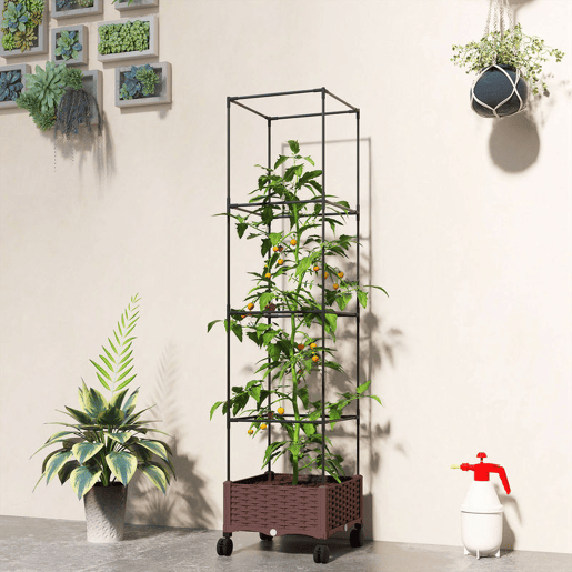 Outsunny Floreira com Treliça Ajustável Floreira Exterior com Rodas Bloqueáveis para Plantas Trepadeiras com Orifícios de Drenagem Floreira Elevada para Jardim Pátio Terraço 40x40x165 cm Castanho