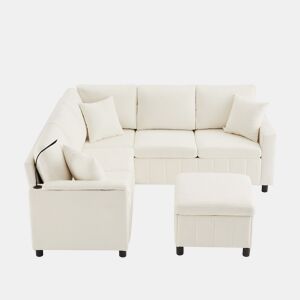 Sofá de canto para 4 pessoas 205x205 cm - Chenille, cama, pufe, candeeiro, USBType-C, mesa oculta - Bege