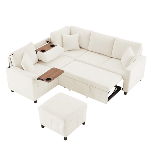 Sofá de canto para 4 pessoas 205x205 cm - Chenille, cama, pufe, candeeiro, USBType-C, mesa oculta - Bege