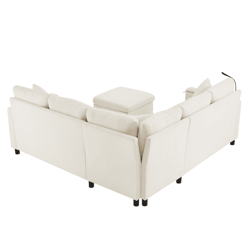 Sofá de canto para 4 pessoas 205x205 cm - Chenille, cama, pufe, candeeiro, USBType-C, mesa oculta - Bege