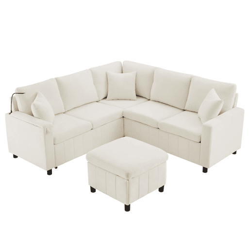 Sofá de canto para 4 pessoas 205x205 cm - Chenille, cama, pufe, candeeiro, USBType-C, mesa oculta - Bege