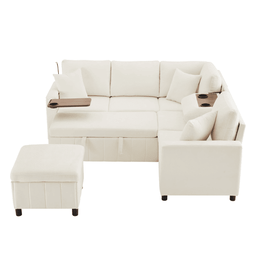 Sofá de canto para 4 pessoas 205x205 cm - Chenille, cama, pufe, candeeiro, USBType-C, mesa oculta - Bege