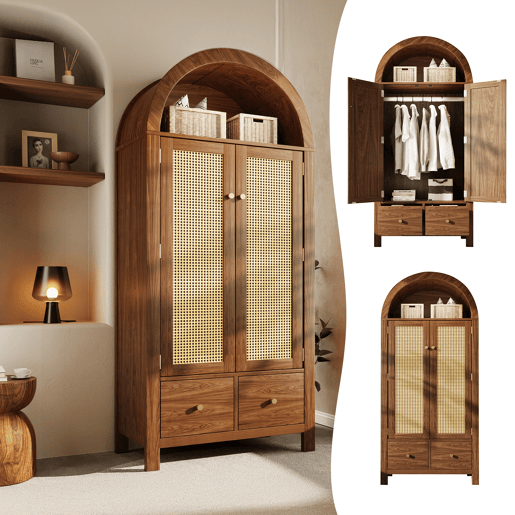 Roupeiro de madeira maciça com 2 portas batentes e 2 gavetas,noz Roupeiro de madeira maciça com 2 portas batentes e 2 gavetas,noz