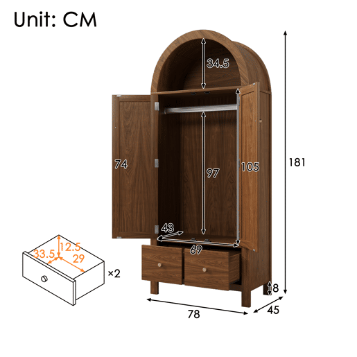 Roupeiro de madeira maciça com 2 portas batentes e 2 gavetas,noz Roupeiro de madeira maciça com 2 portas batentes e 2 gavetas,noz
