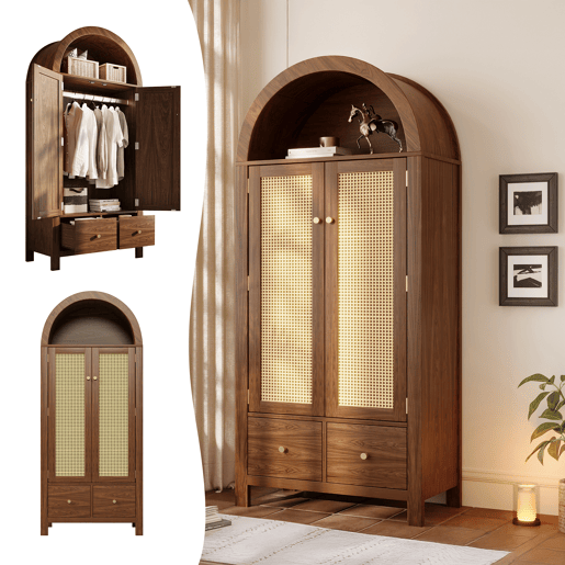Roupeiro de madeira maciça com 2 portas batentes e 2 gavetas,noz Roupeiro de madeira maciça com 2 portas batentes e 2 gavetas,noz