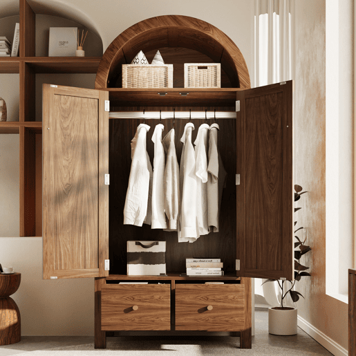 Roupeiro de madeira maciça com 2 portas batentes e 2 gavetas,noz Roupeiro de madeira maciça com 2 portas batentes e 2 gavetas,noz