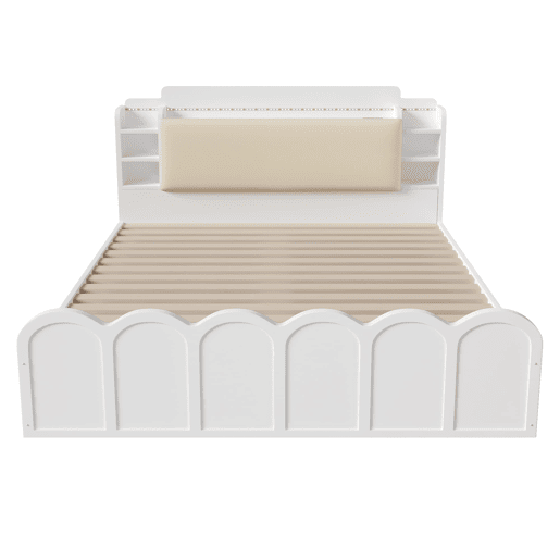 Cama com painel 140x200 cm - Hidráulica, LED, USB-C, armazenamento multifuncional - Branco