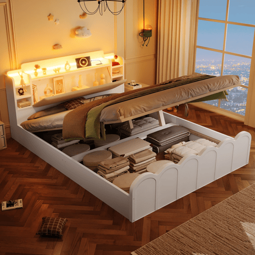 Cama com painel 140x200 cm - Hidráulica, LED, USB-C, armazenamento multifuncional - Branco