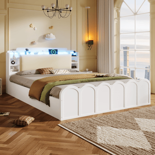 Cama com painel 140x200 cm - Hidráulica, LED, USB-C, armazenamento multifuncional - Branco