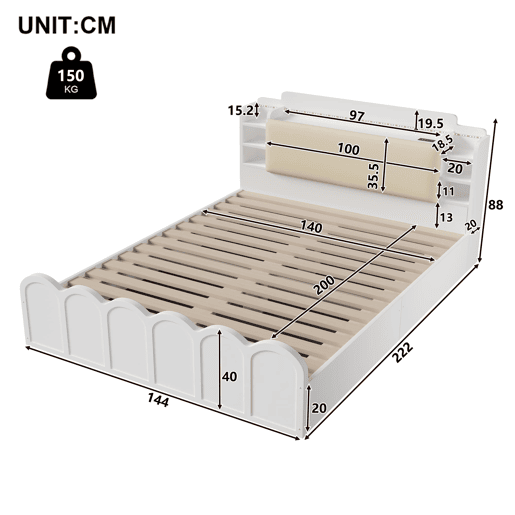 Cama com painel 140x200 cm - Hidráulica, LED, USB-C, armazenamento multifuncional - Branco