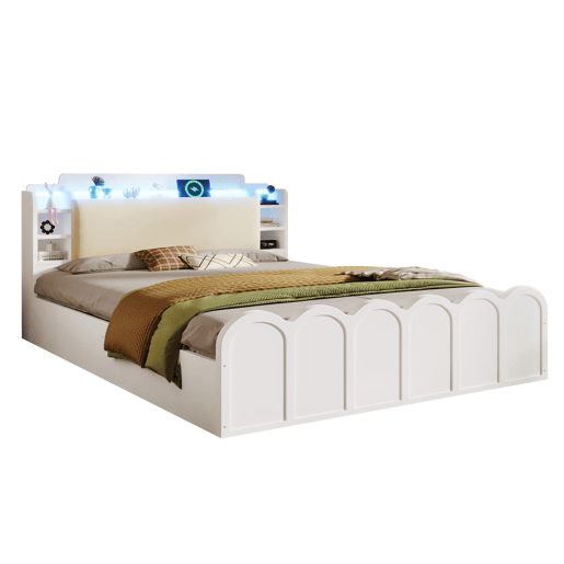 Cama com painel 140x200 cm - Hidráulica, LED, USB-C, armazenamento multifuncional - Branco