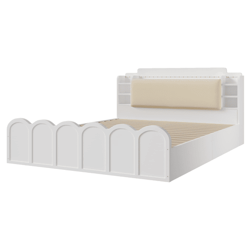 Cama com painel 140x200 cm - Hidráulica, LED, USB-C, armazenamento multifuncional - Branco