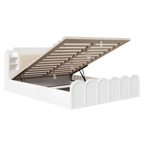 Cama com painel 140x200 cm - Hidráulica, LED, USB-C, armazenamento multifuncional - Branco