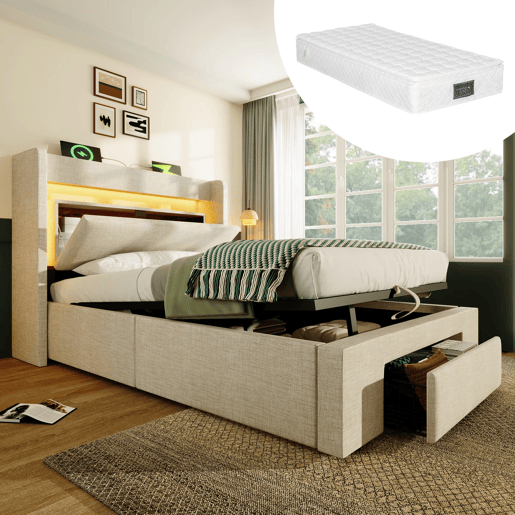 Cama estofada 90x200 cm - armazenamento hidráulico, cabeceira com LED e USB - Bege