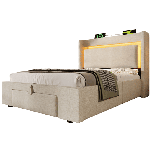 Cama estofada 90x200 cm - armazenamento hidráulico, cabeceira com LED e USB - Bege
