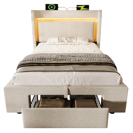 Cama estofada 90x200 cm - armazenamento hidráulico, cabeceira com LED e USB - Bege