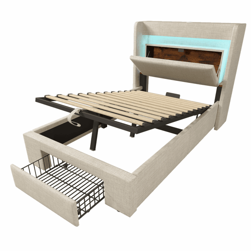 Cama estofada 90x200 cm - armazenamento hidráulico, cabeceira com LED e USB - Bege